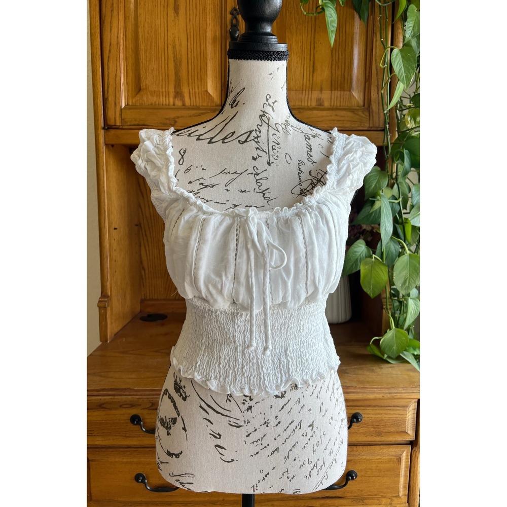 Kiriou White Smocked Peasant Crop Top Cottage Renfaire Top Fairy Boho Linen L
